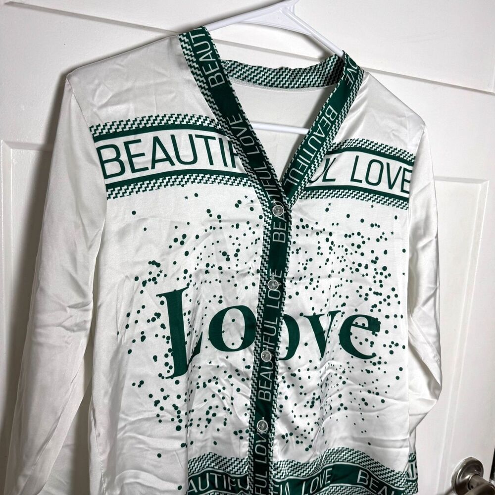 Womens S White Green Love Graphic Blouse Button Down Long Sleeve Satin Statement